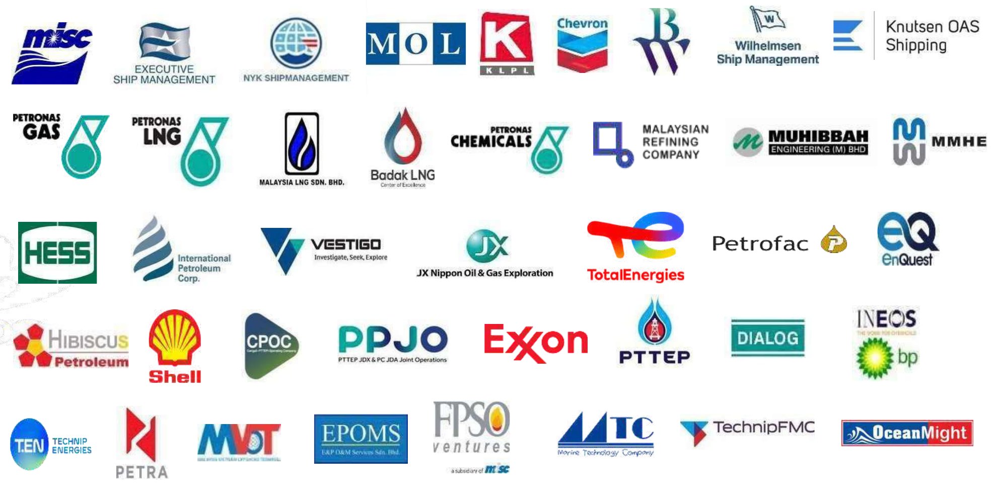 Client logos including MISC, PETRONAS Gas, PETRONAS LNG, Malaysia LNG, Shell, Chevron, ExxonMobil, TotalEnergies, PTTEP, Hess, Petrofac, TechnipFMC, Technip Energies, Muhibbah, MMHE, Dialog, OceanMight and others