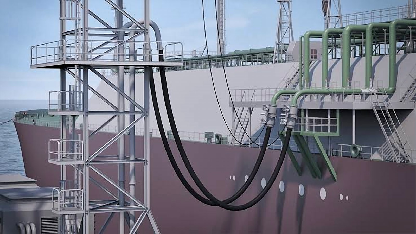 Cryogenic transfer hoses connecting a jetty tower to an LNG carrier