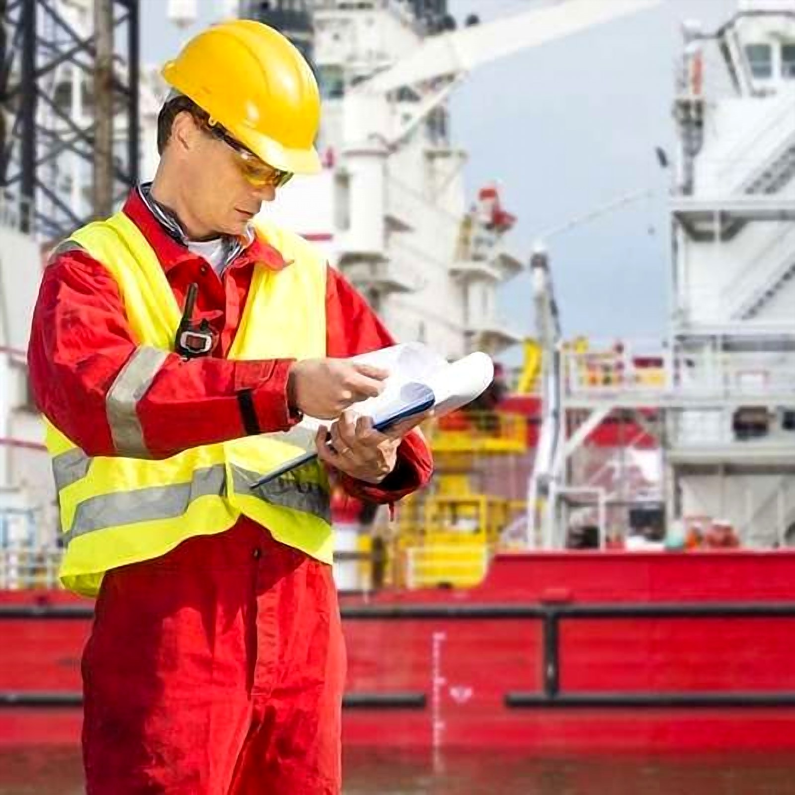Engineer reviewing documents beside a vessel